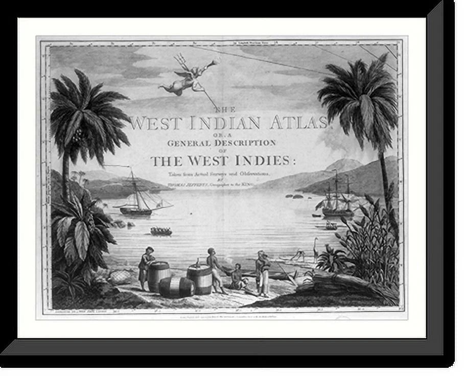 Print, the ships two sailor Natives harbor], with Framed beach and and in showing large British on [A West scene the a in Indies Historic 17-7/8" 21-7/8" casks, the x three