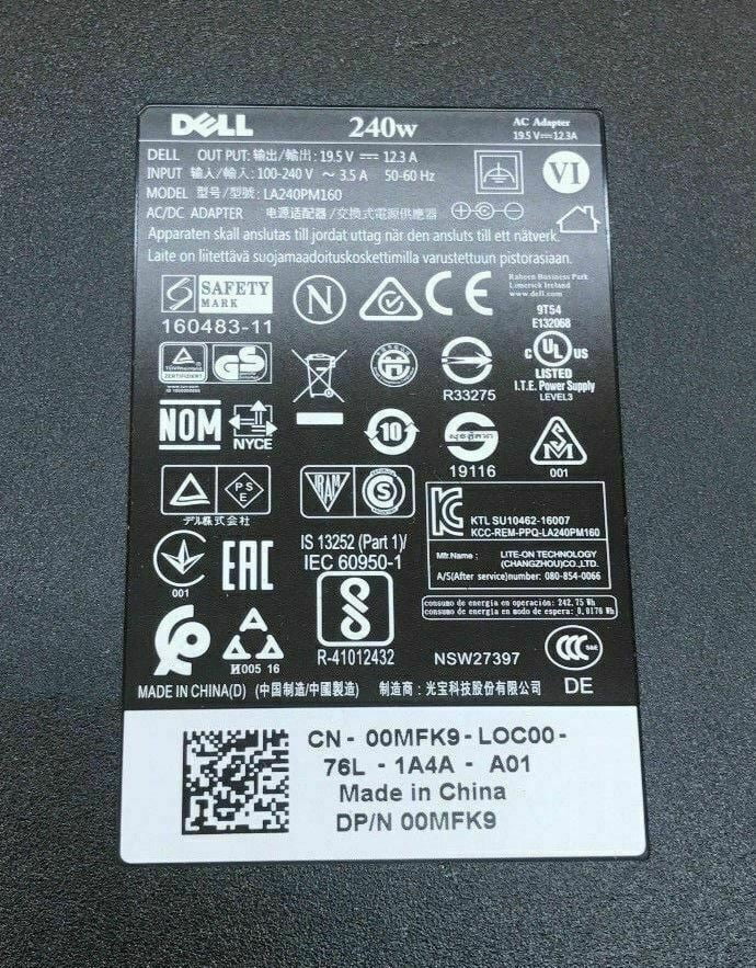 Charger 19.5V Laptop Lot FWCRC GA240PE1-00 12.3A Power of 10 Dell Genuine 240W