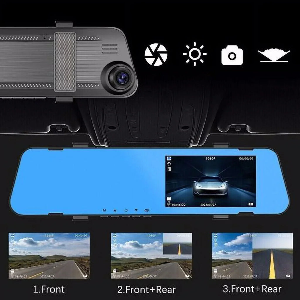 HD Cam Dual Rear Video 1080P DVR Dash Recorder Fithood Mirror Front Rearview Car Camera
