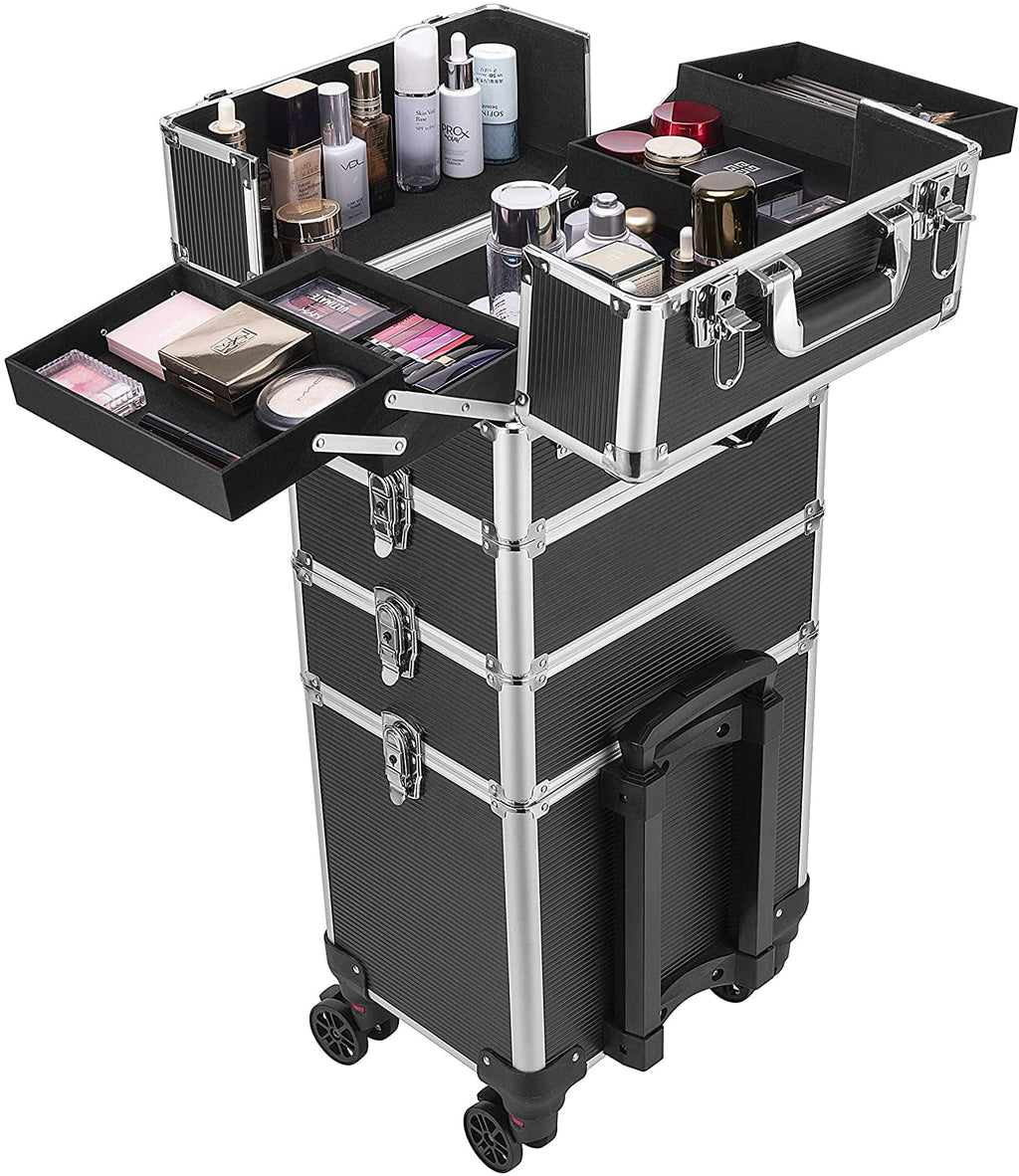 Rolling included) VIVOHOME with not Keys Case Train 4 in Cosmetic Black(Cosmetic are Trolley 2 Straps Shoulder 1 Makeup Aluminum Professional Organizer Box