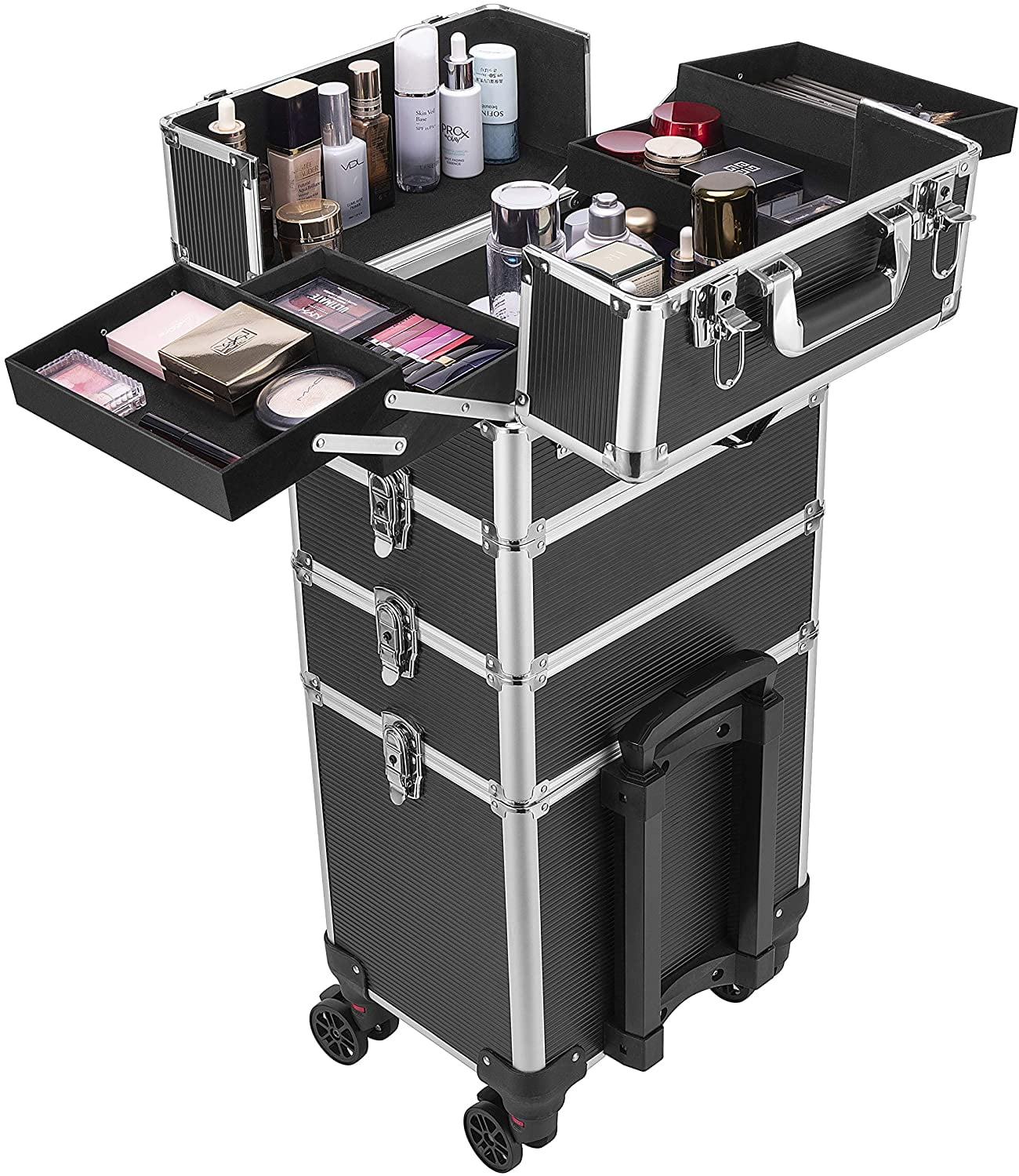 Rolling included) VIVOHOME with not Keys Case Train 4 in Cosmetic Black(Cosmetic are Trolley 2 Straps Shoulder 1 Makeup Aluminum Professional Organizer Box