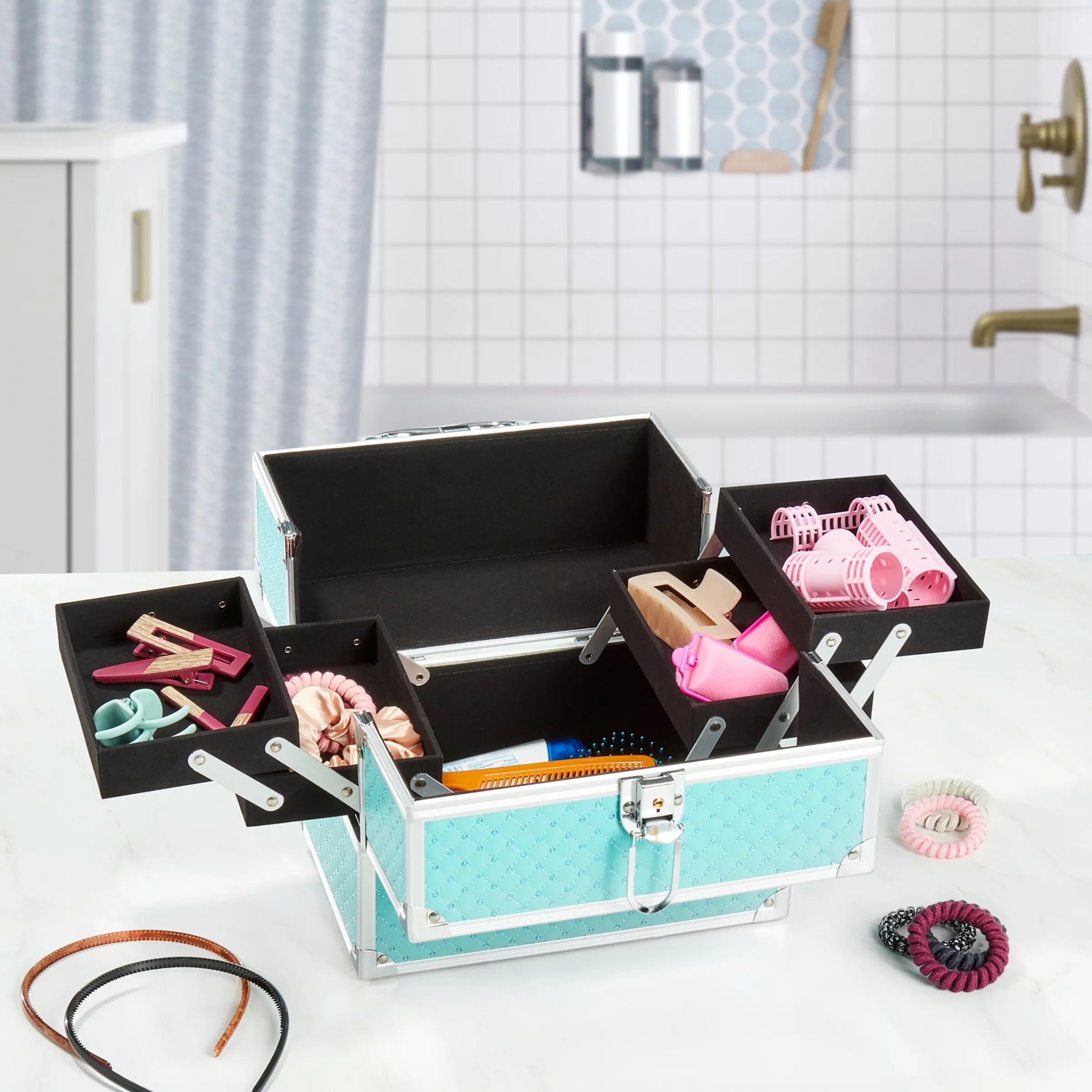 Organizer, trays, 9.85" Makeup Cosmetics x 6.7" Train 4 Case Teal 7.9" Color, x