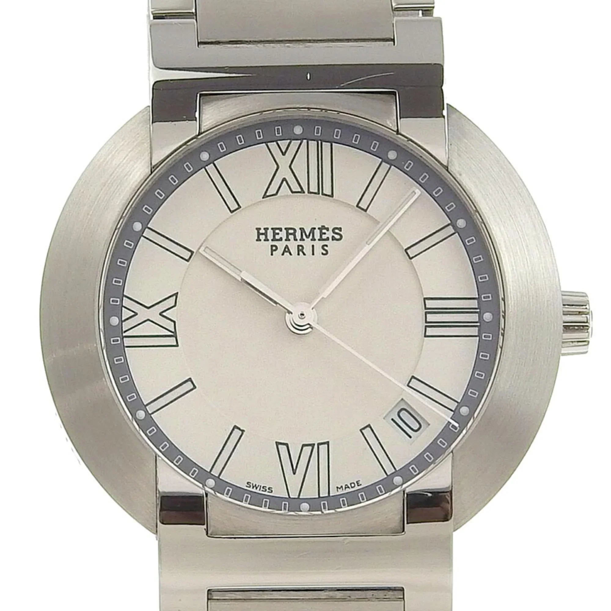 Quartz Stainless Analog White Watch Made Nomad Swiss Steel Pre-Owned Men's NO1.710 Hermes Display Dial Silver (Fair)