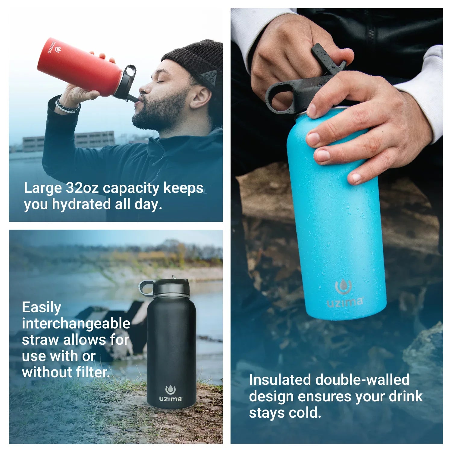 the Large Hiking, with 32oz - Double-Walled Stainless Water Blue) Backpacking, Steel on Filtered Go. Camping, Bottle Capacity Exterior for Uzima Water .(Light and Travel. Z-Source Purification