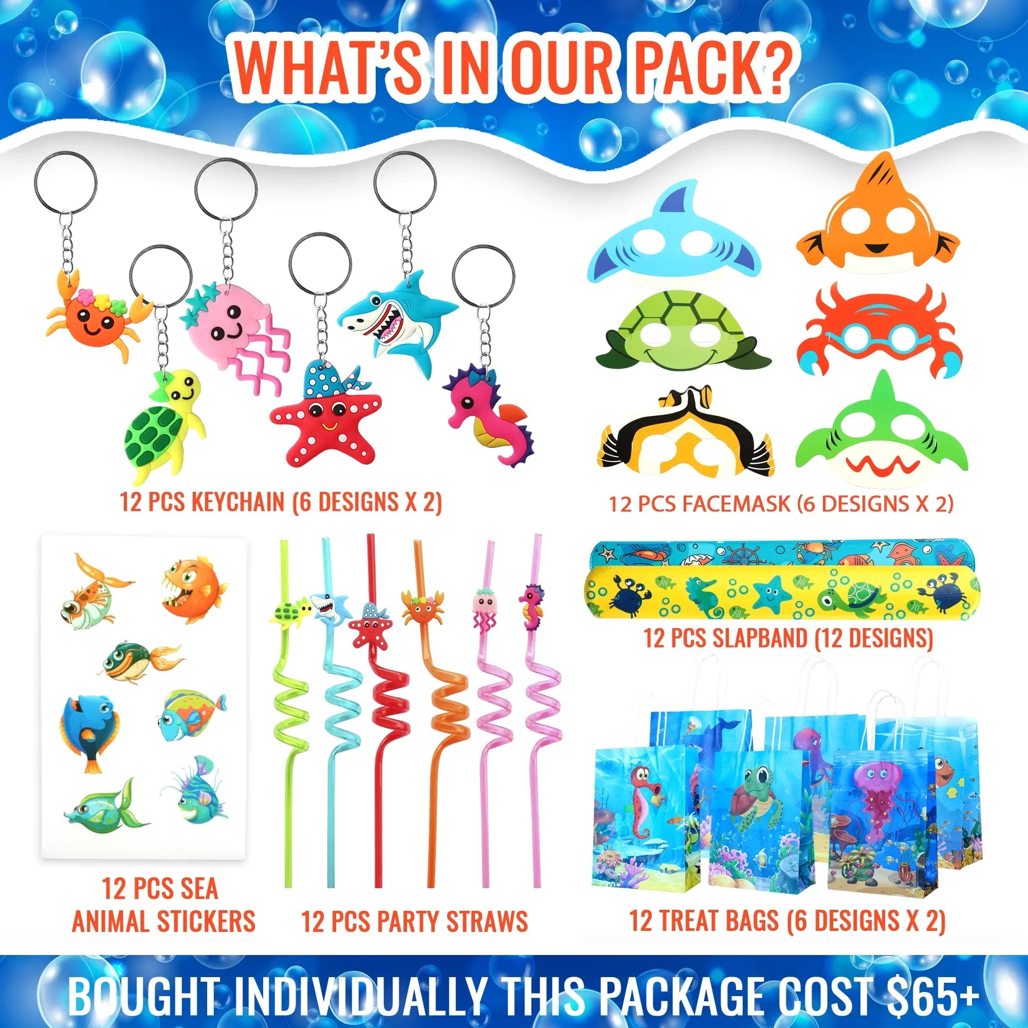 Keychain The Party Style Supply Sea Birthday The Kids Animal Ocean Pcs Stickers party Sea Bags 72 12 Set For Favors, of Under Treat Straw Under Mask