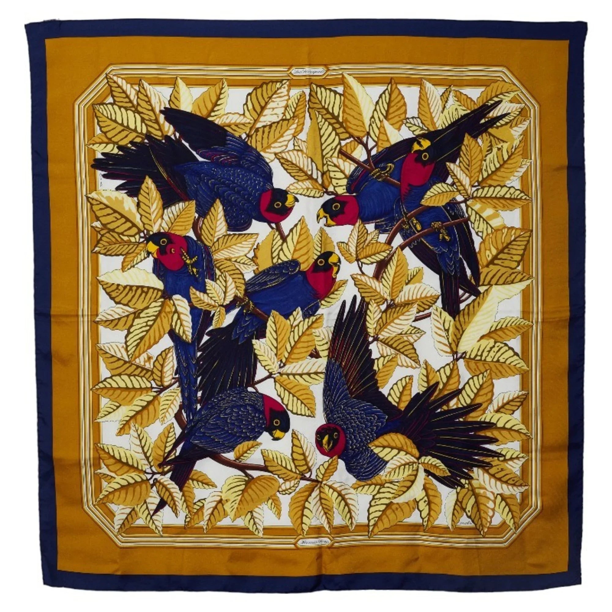 Gold Hermes Pre-Owned (Good) Muffler HERMES Silk Navy Les Perroquets Bird Carre90 Parrot Scarf detail Ladies