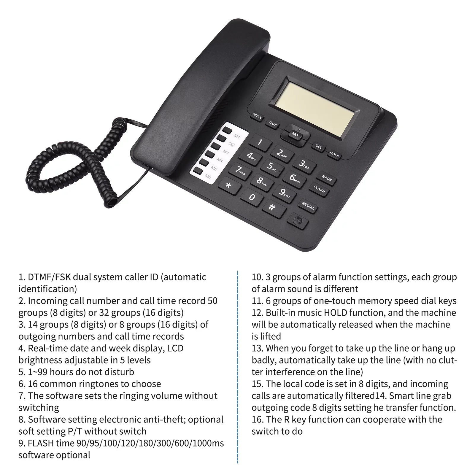 Dual Sound Date Landline Chip Telephone Phone Support Built-in Black DTMF/FSK Control Phone Real-time Hands-Free/Redial/Flash/Speed Home IC Dial/Ring Meterk Desk System Elderly Corded for Seniors