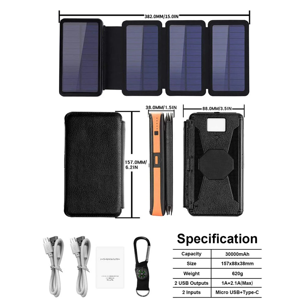 Power Light Outdoor Flashlight, (Orange) Panels with LED Dual Solar Ports Bank, 4 30000mAh Solar Camping 5V USB Detachable, Hiking Portable SOLPOWBEN Charger for
