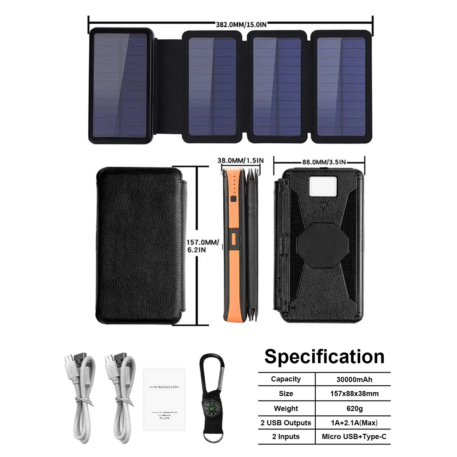 Power Light Outdoor Flashlight, (Orange) Panels with LED Dual Solar Ports Bank, 4 30000mAh Solar Camping 5V USB Detachable, Hiking Portable SOLPOWBEN Charger for