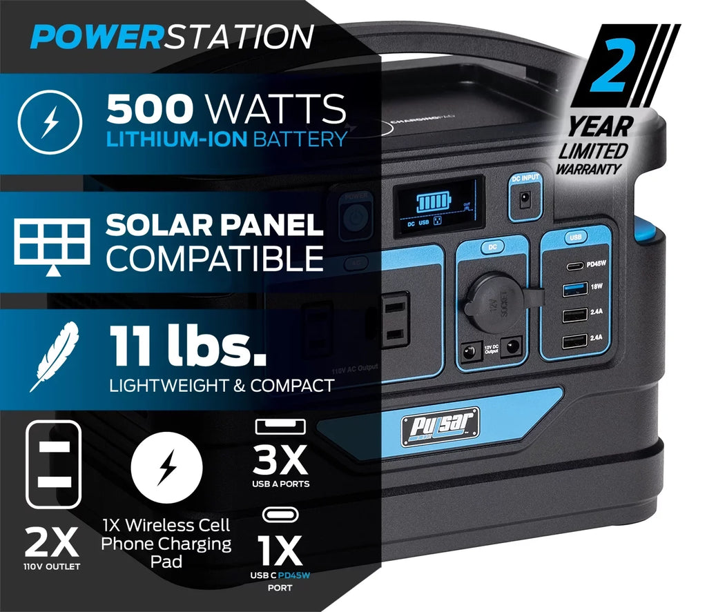 LCD Wireless Pad 500 Pulsar Power Capacity) and Watt Portable Station with Lithium-Ion Charging Display (518Wh