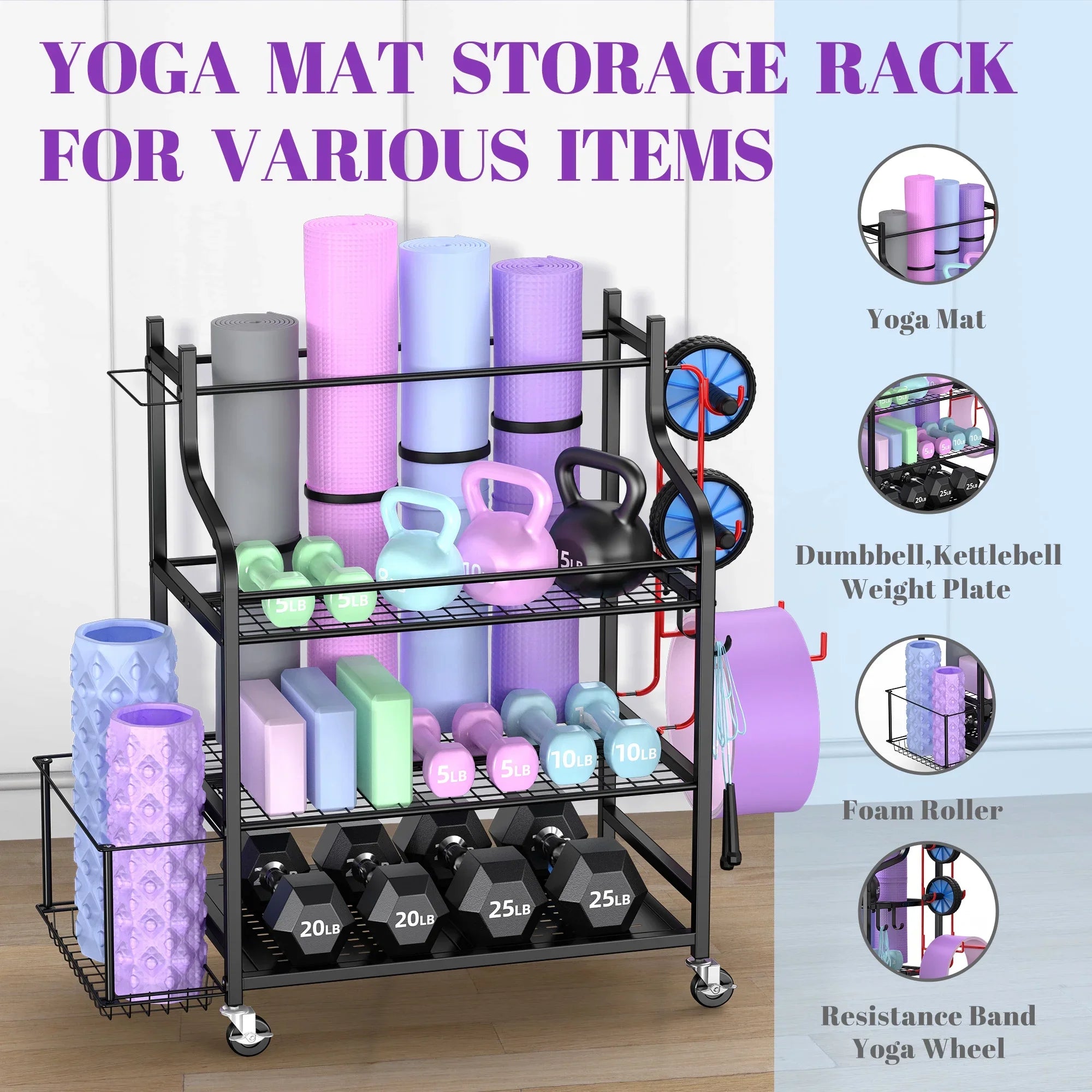 Mat Hooks with Home Storage Organizer Racks, Workout Yoga Rack, Equipment Wheels Storage Mythinglogic Gym Storage