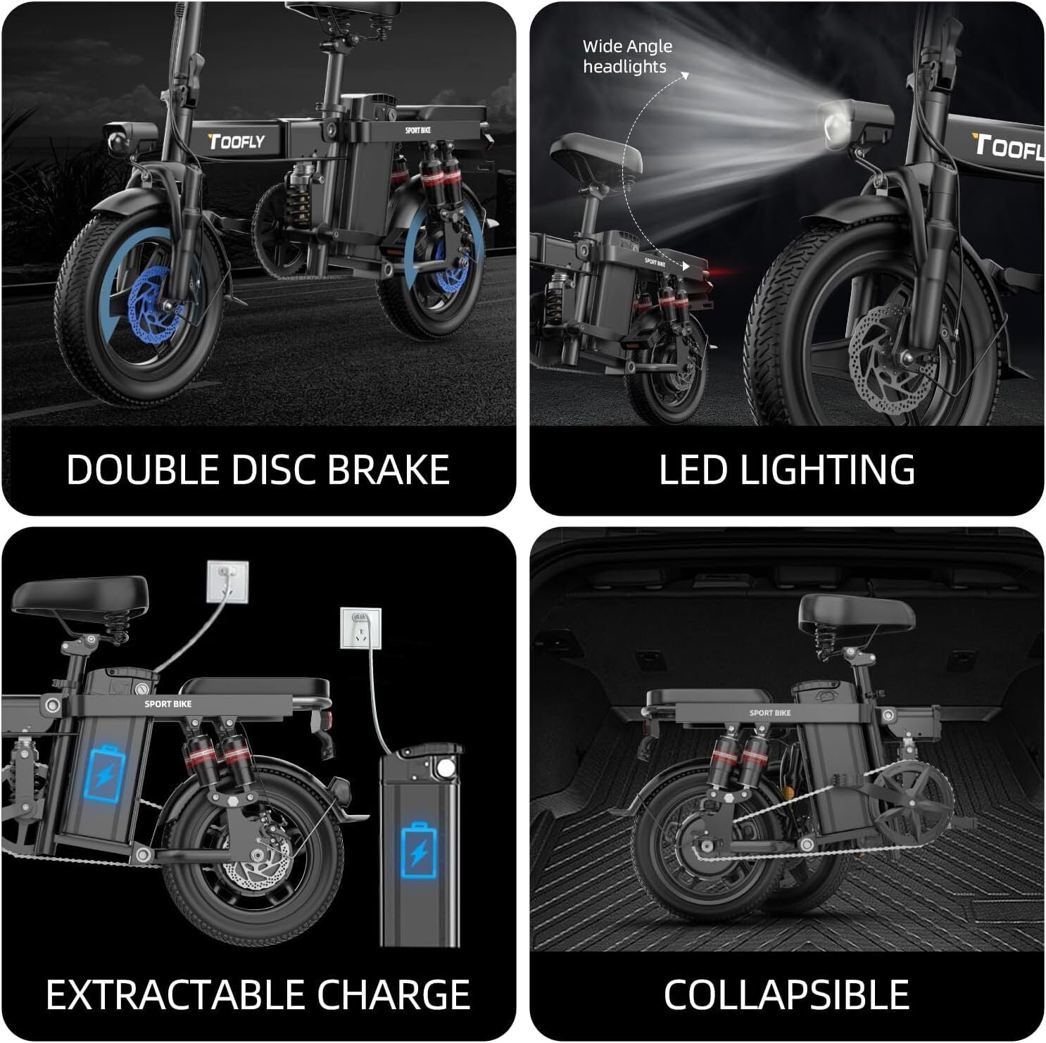 Folding Bicycle 48V Bike Electric Adult 2024 Toofly for 14" Ebike 15Ah-City 400W