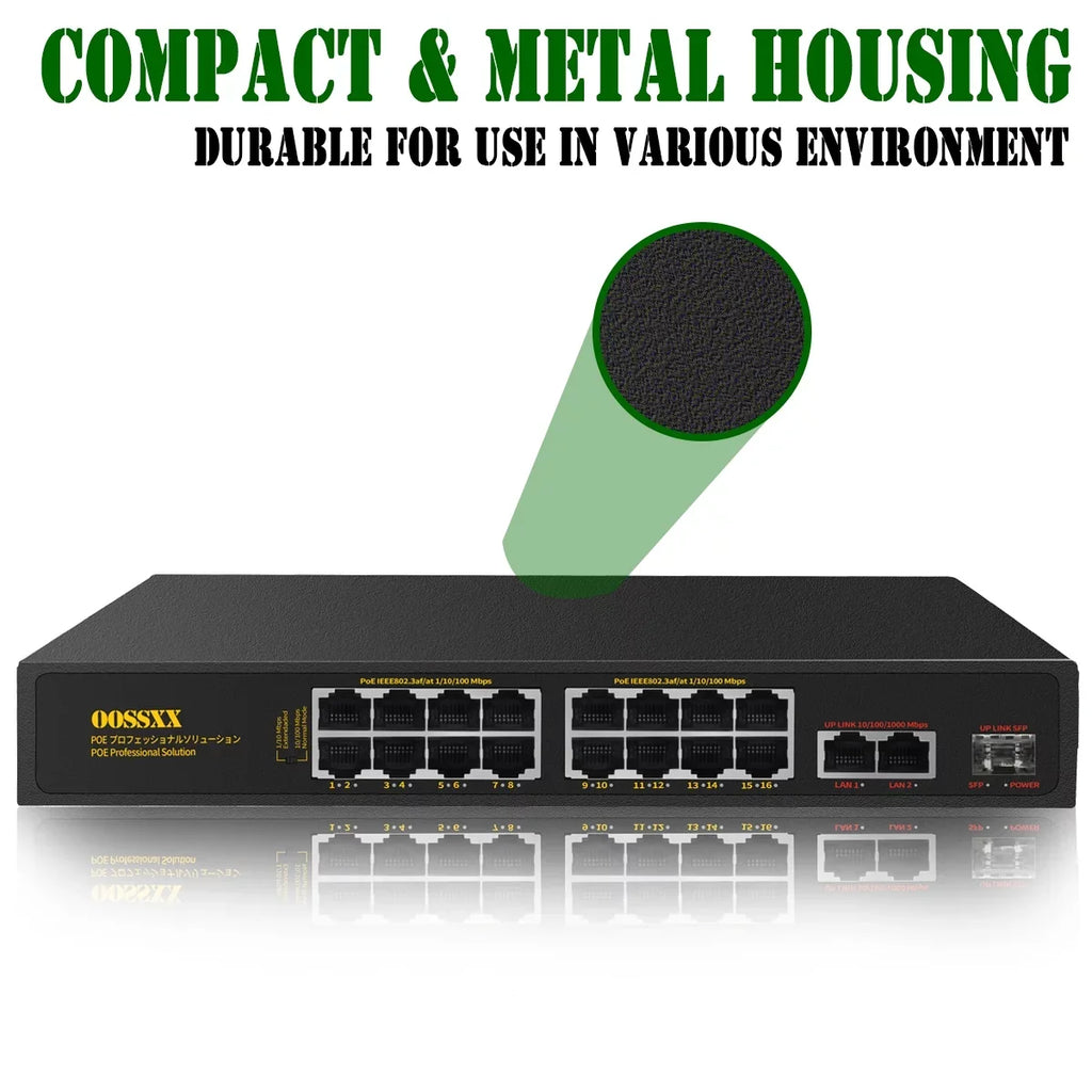 Power POE Up-link/1 Ethernet Passthrough Port SFP) Switch, Router, Switches Unmanaged Networking Fiber Outdoor (16 Extender PoE+/2 Powered Hub Internet Network Gig Port 16 Computer