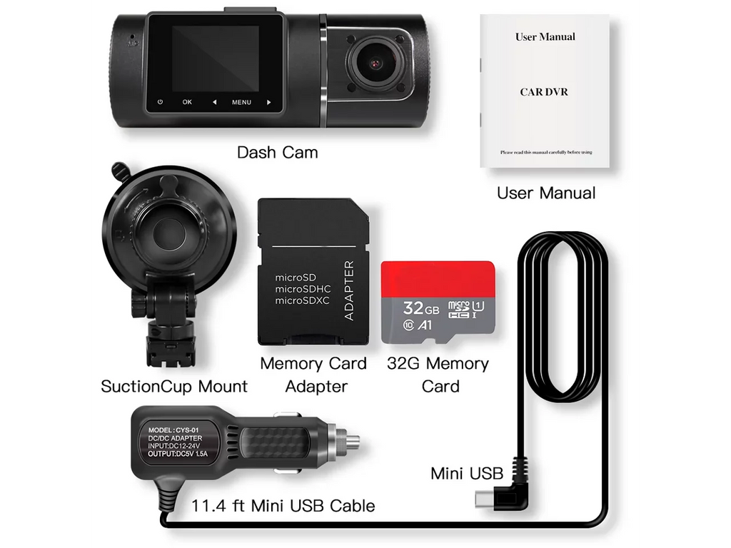 G-Sensor Infrared Car Rideshare Cam Recorder Loop Kit Driving Inside with Dual Night Hardwire for WDR Recording Vision Cabin FHD Dash 1080p+1080p Front Camera Taxi Included