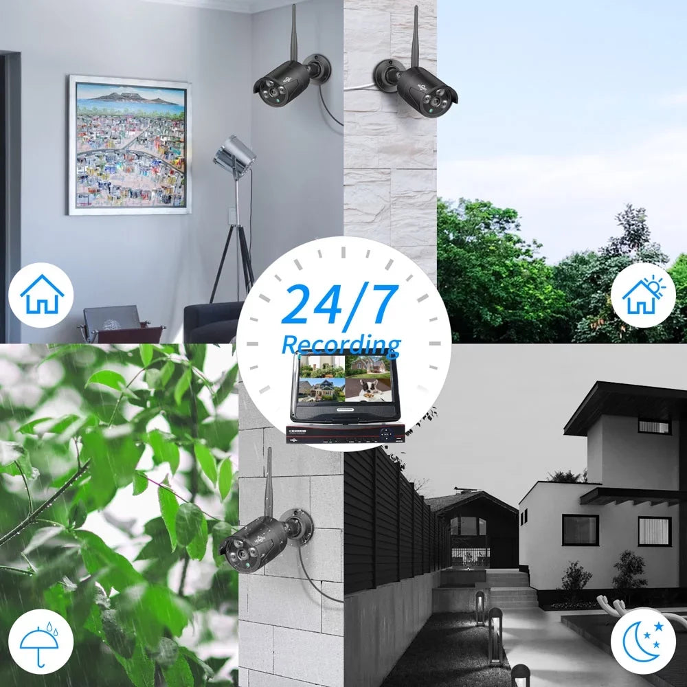 Camera 4Pcs Security Audio (Supports Vision, Home Night NVR, 2.4Ghz Wireless Channel Waterproof, with 1TB Drive, with Security Camera 10.1'' System Only Hard 10 Hiseeu Wi-Fi Recording, Monitor, WiFi)