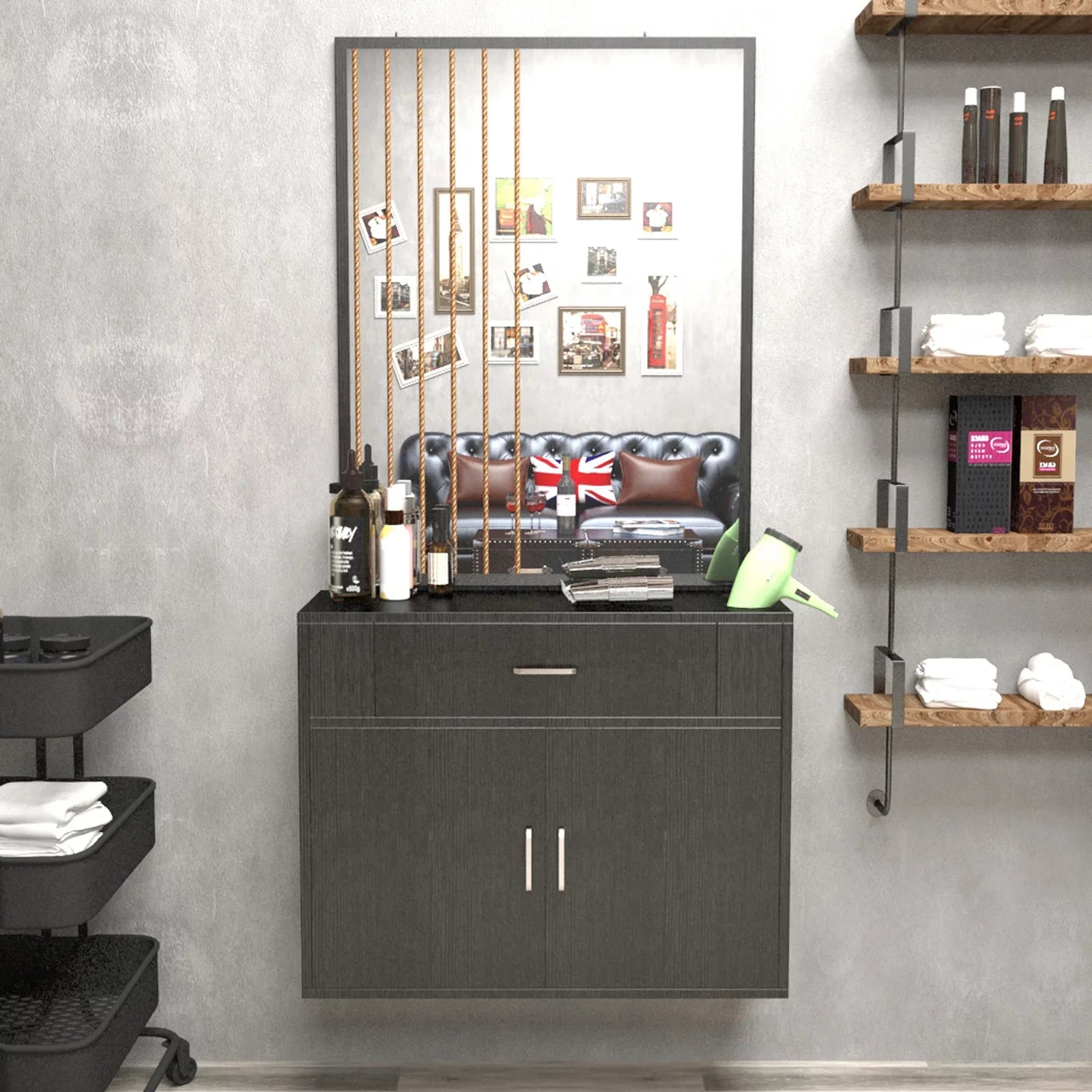 Salon with (Black) Makeup Mirror, Hair Hand Artist 2 Station Mount Styling Drawer, Barber Spa Doors Wall