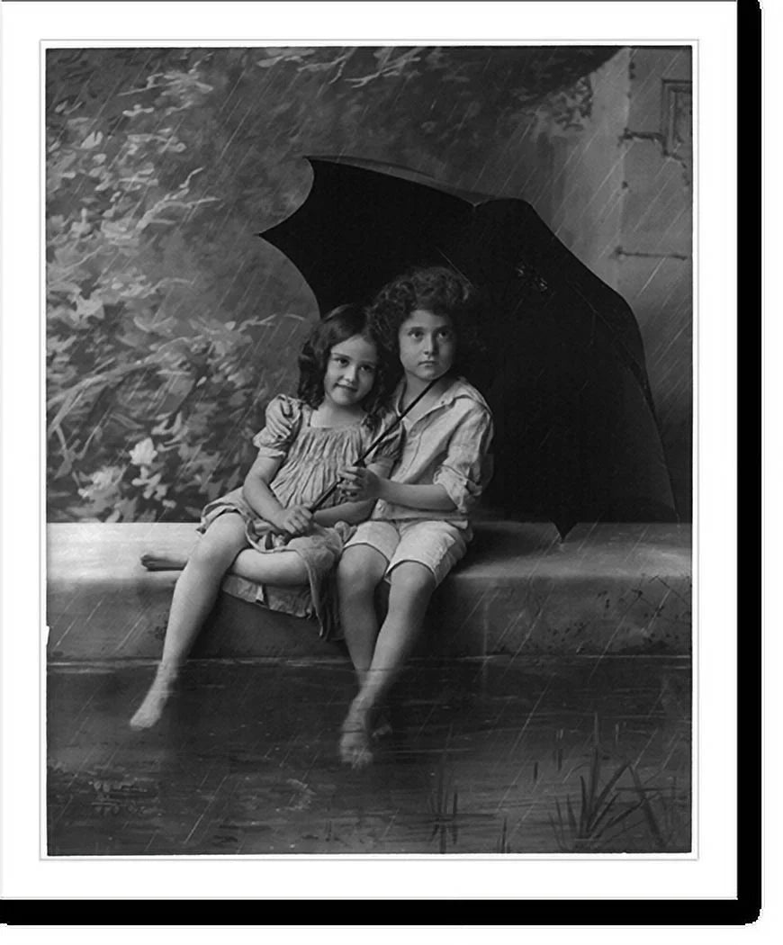 Framed children in umbrella 21-7/8" [2 under x fountain wall, Print, Historic rain], 17-7/8" on