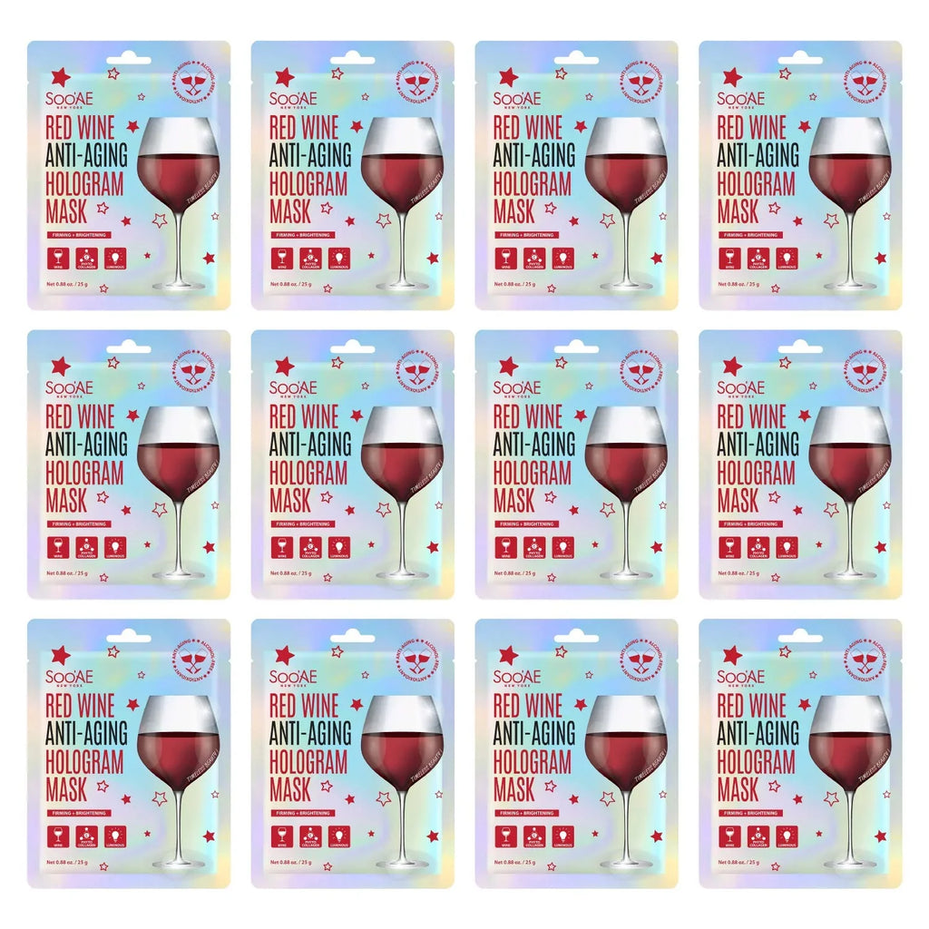 Premium Wra Hydrate Brightening Soo,Ae Collagen Beauty Skin, Brighting Mask Sheet Wine And [12 Count] Korean Antioxidants Red Glow Mask Face Hologram Vegan Facial Firm, Anti-Aging To Restore Mask