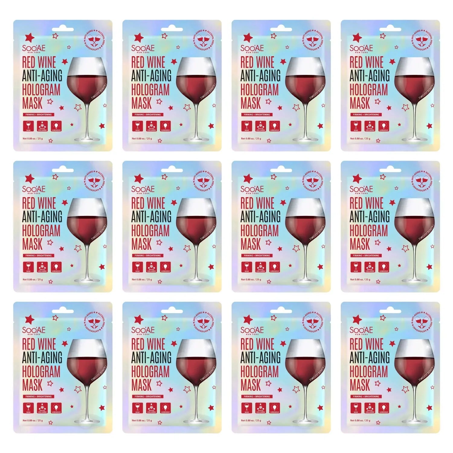 Premium Wra Hydrate Brightening Soo,Ae Collagen Beauty Skin, Brighting Mask Sheet Wine And [12 Count] Korean Antioxidants Red Glow Mask Face Hologram Vegan Facial Firm, Anti-Aging To Restore Mask