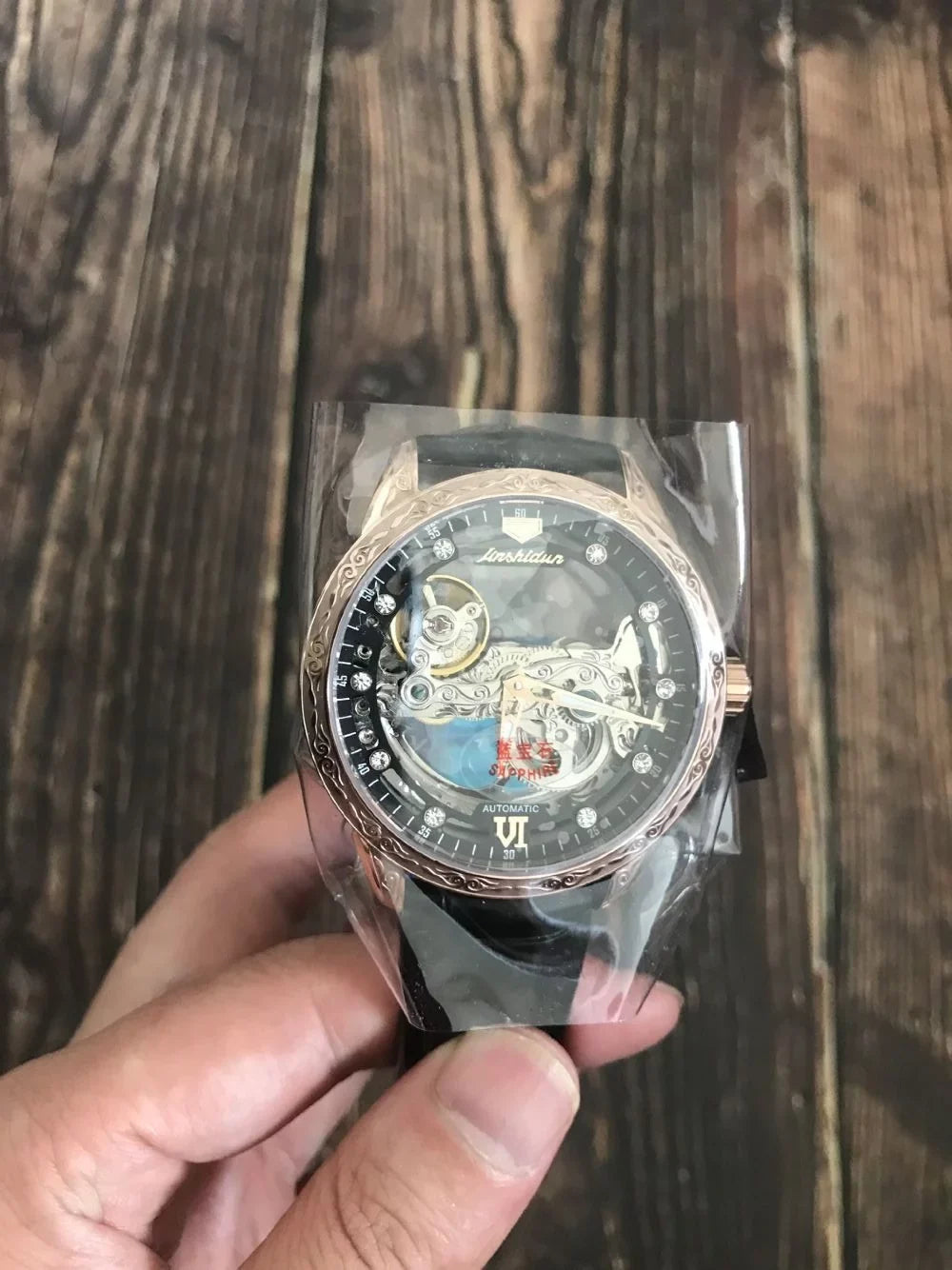 Rose Black Men's Luminous Watch Automatic Skeleton Mechanical Transparent