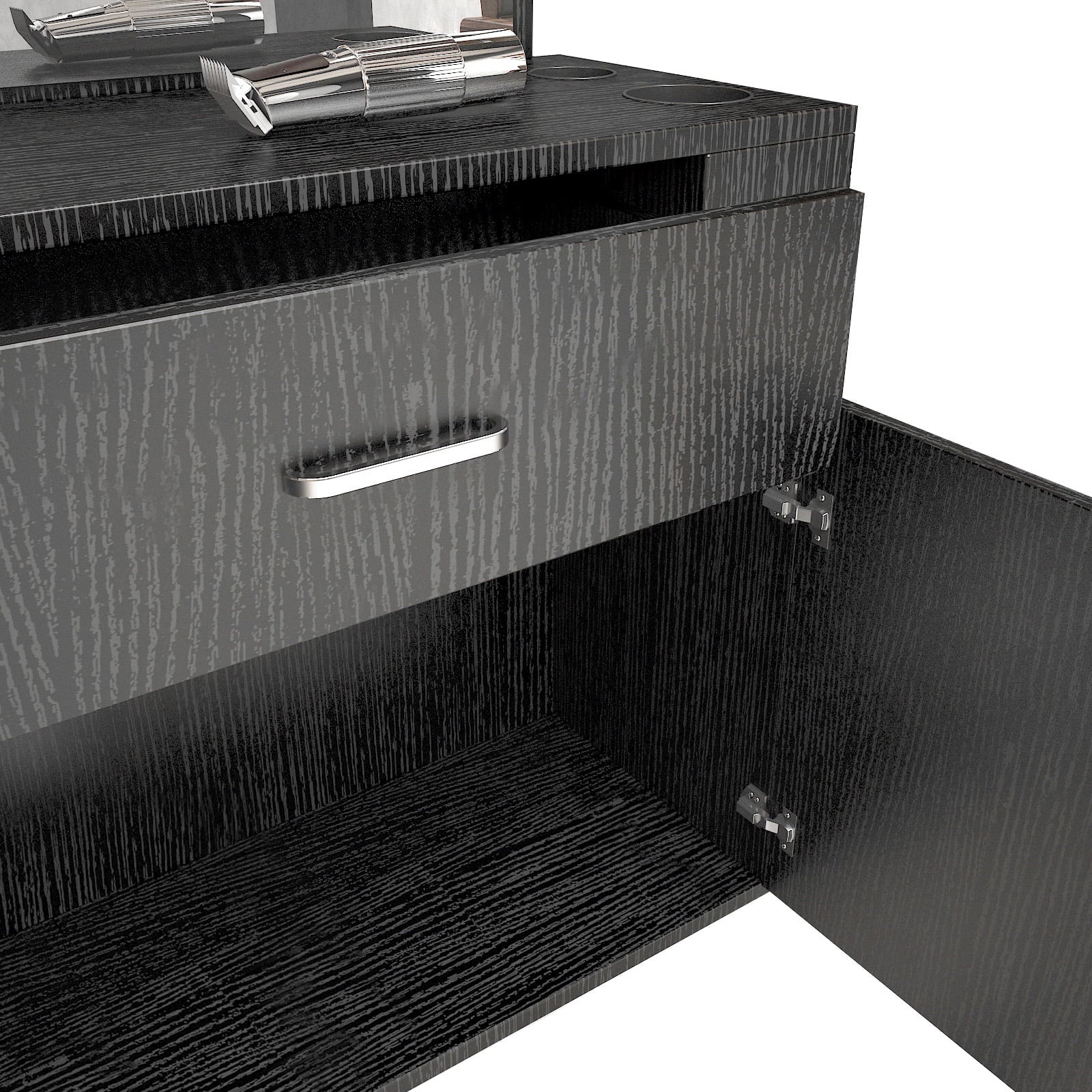 Salon with (Black) Makeup Mirror, Hair Hand Artist 2 Station Mount Styling Drawer, Barber Spa Doors Wall