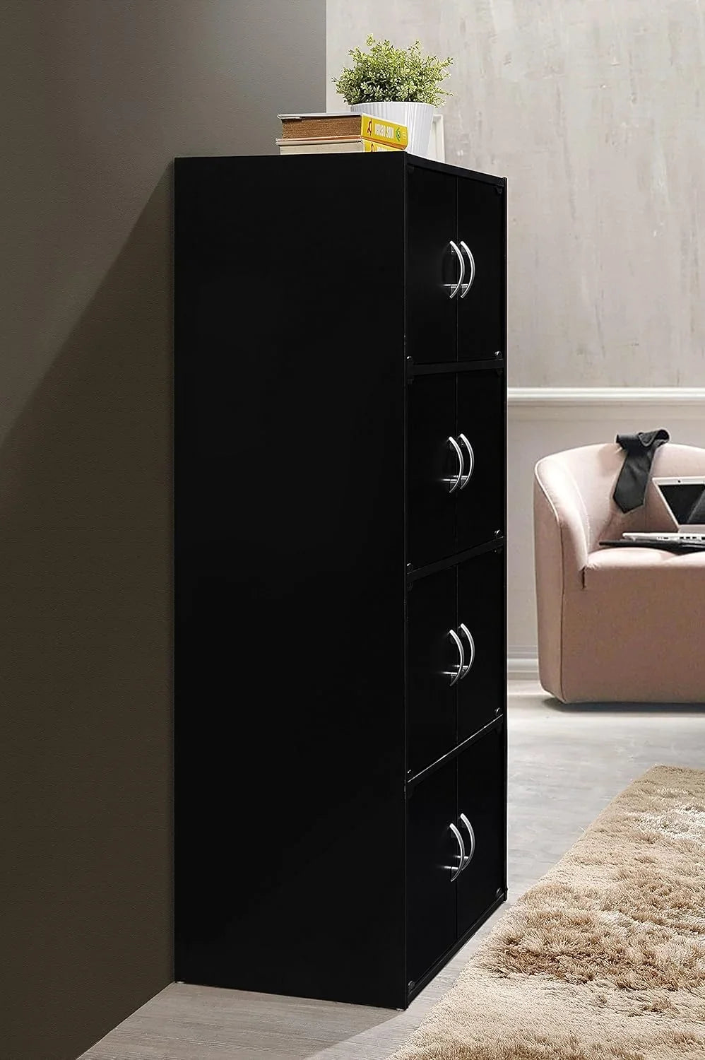 Door HID44 Floor Storage Black 8 Cabinet Modern Shelf 4 Duty Installation Mount with Bookcase Hardware, Wooden Multipurpose Heavy