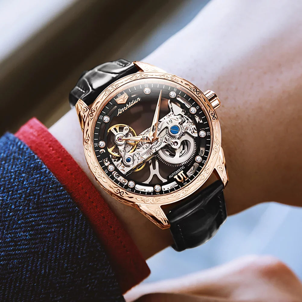 Rose Black Men's Luminous Watch Automatic Skeleton Mechanical Transparent