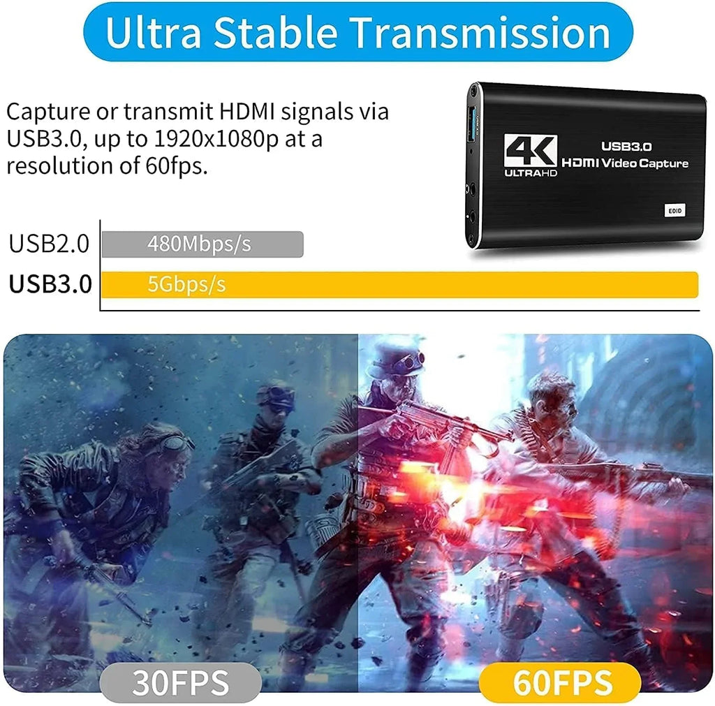 Capture X-Box/OBS/Camera/PC Video Device 60FPS 1080P Streaming Capture Recorder Card, Card, Works Live,Support for Adapter for Video 4K USB Game Capture Audio 3.0 , Recording,