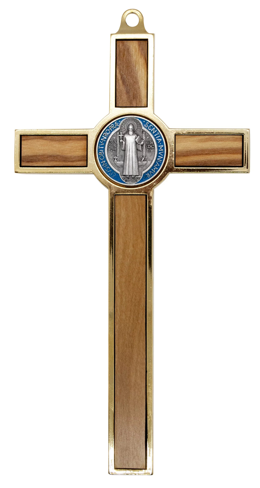 Colored Benedict Crucifix 7.75" with and Medal Wood Inlays Gold-Tone St.
