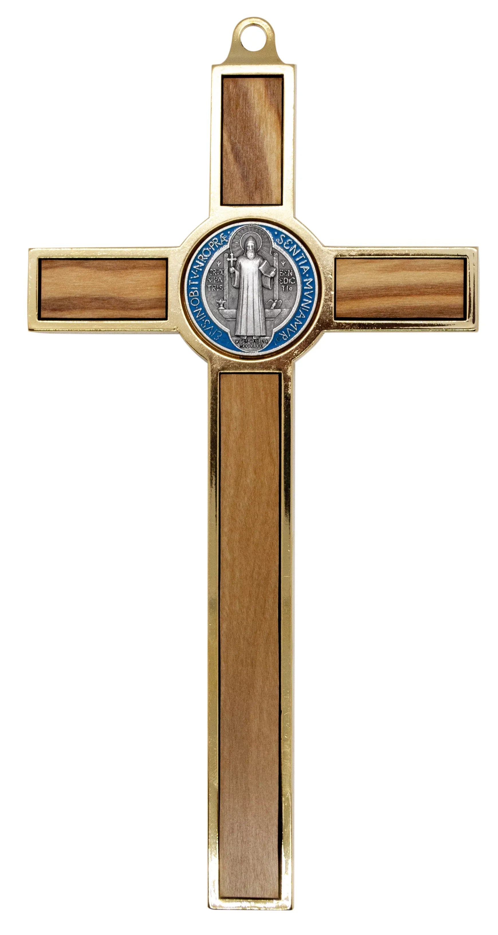 Colored Benedict Crucifix 7.75" with and Medal Wood Inlays Gold-Tone St.