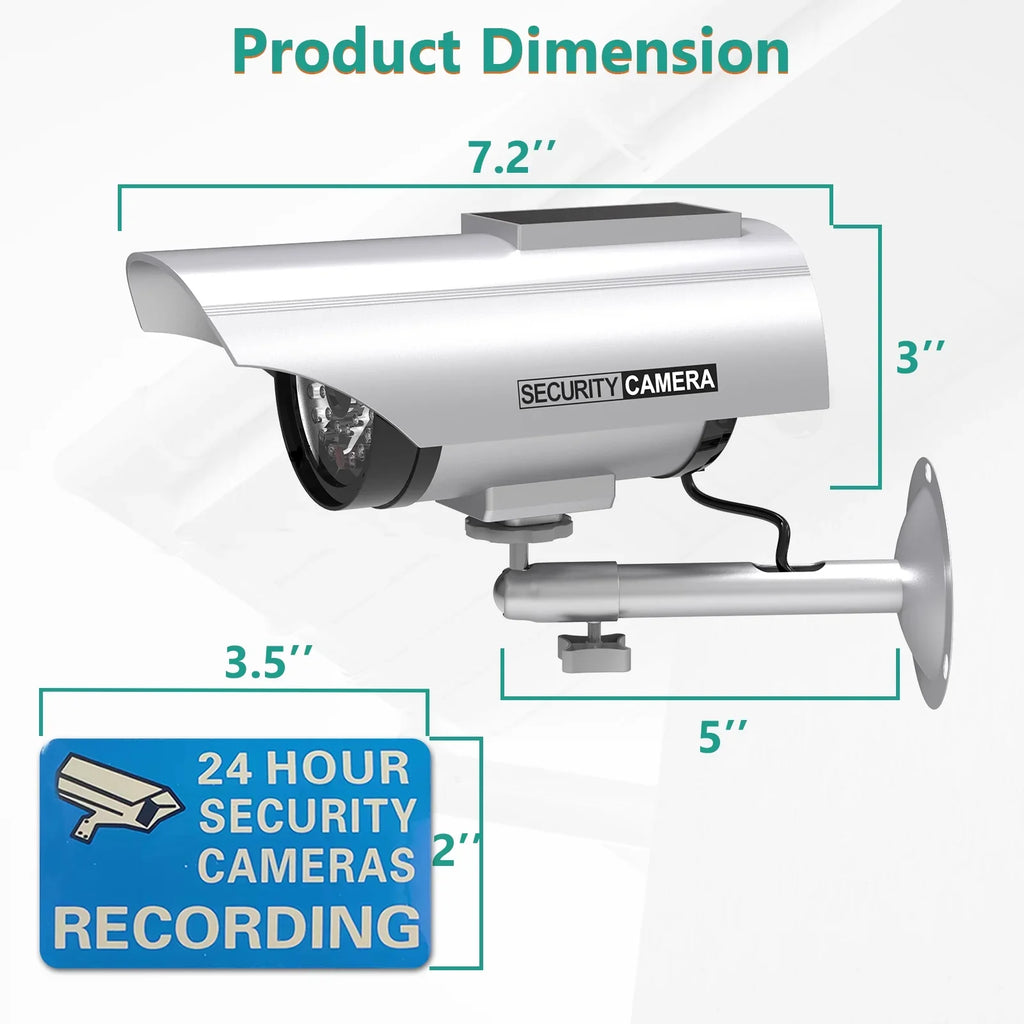 Sticker Surveillance Silver Solar LED CCTV Dummy with Camera Security Indoor Simulated Powered 4 Security 1 Alert Decal Dome Bullet Fake Outdoor (SOLTC-S4), WALI Light, Packs,