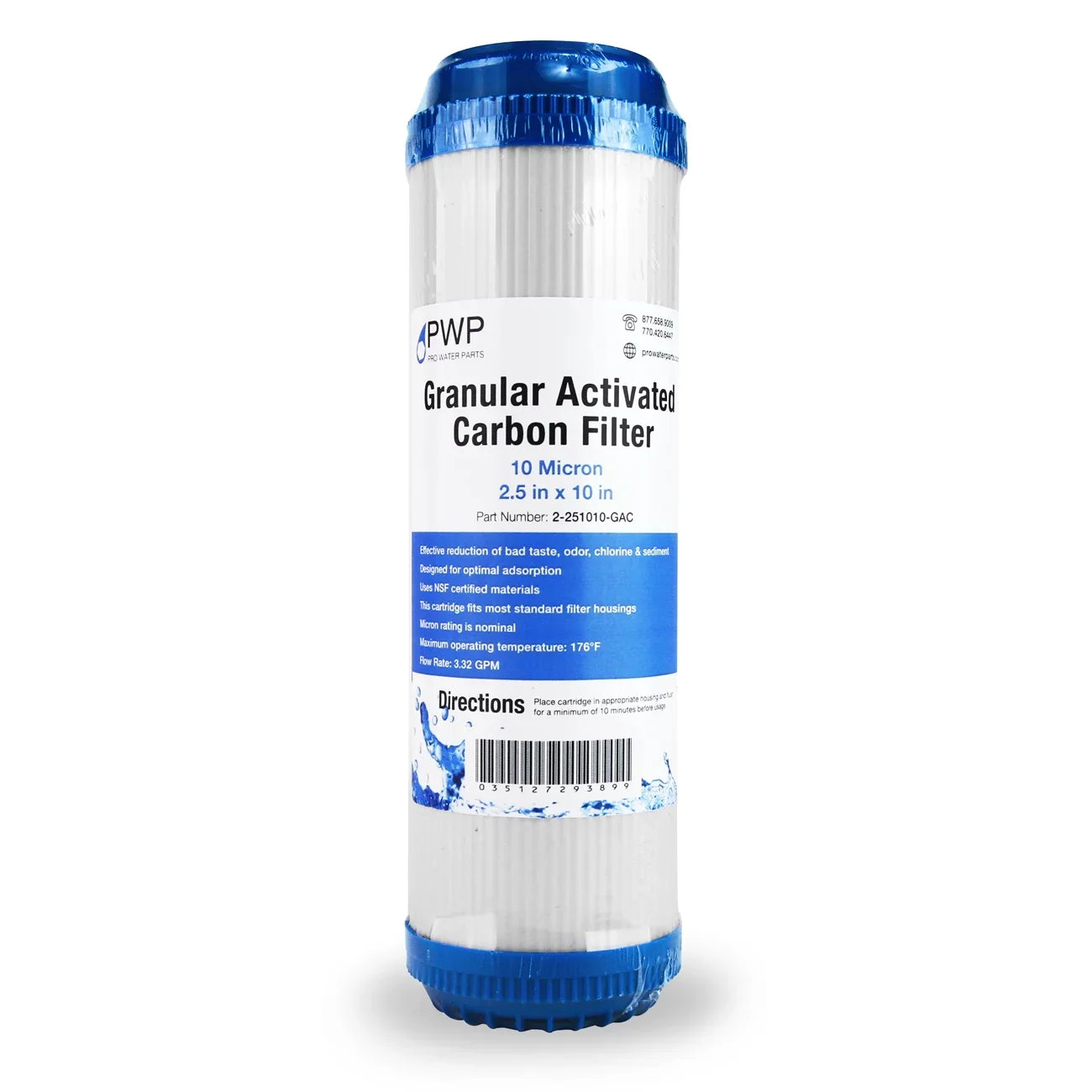 Filter 25 2.5 10 Water Activated Micron pack x10" Granular Carbon Cartridge