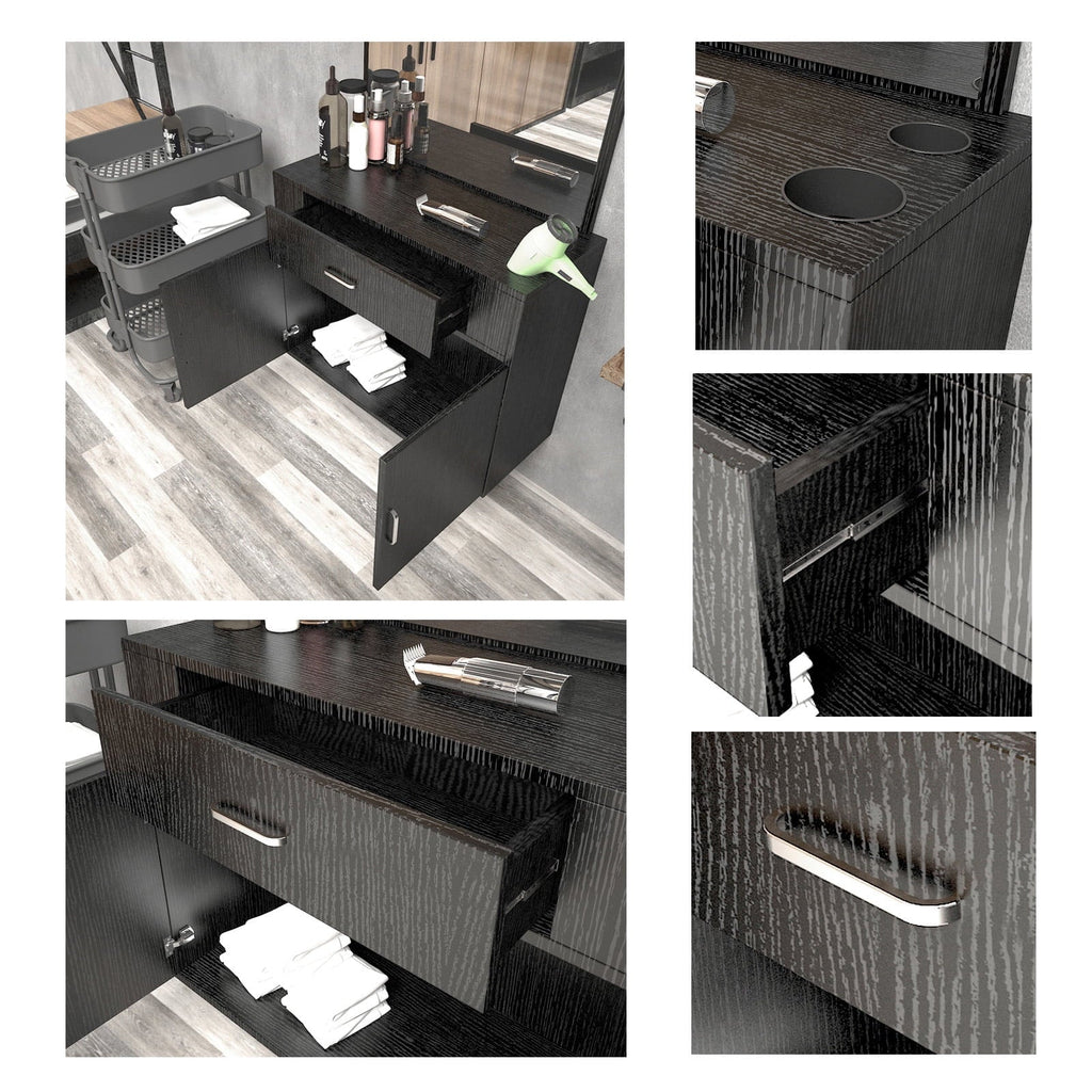 Salon with (Black) Makeup Mirror, Hair Hand Artist 2 Station Mount Styling Drawer, Barber Spa Doors Wall