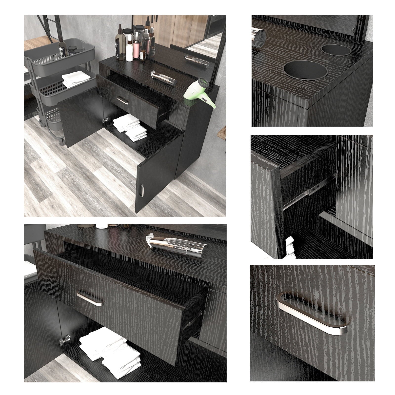 Salon with (Black) Makeup Mirror, Hair Hand Artist 2 Station Mount Styling Drawer, Barber Spa Doors Wall