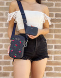 NS Kate Coin Denim Rosie Cherries Crossbody Pouch Spade Zip + Embroidered Phone
