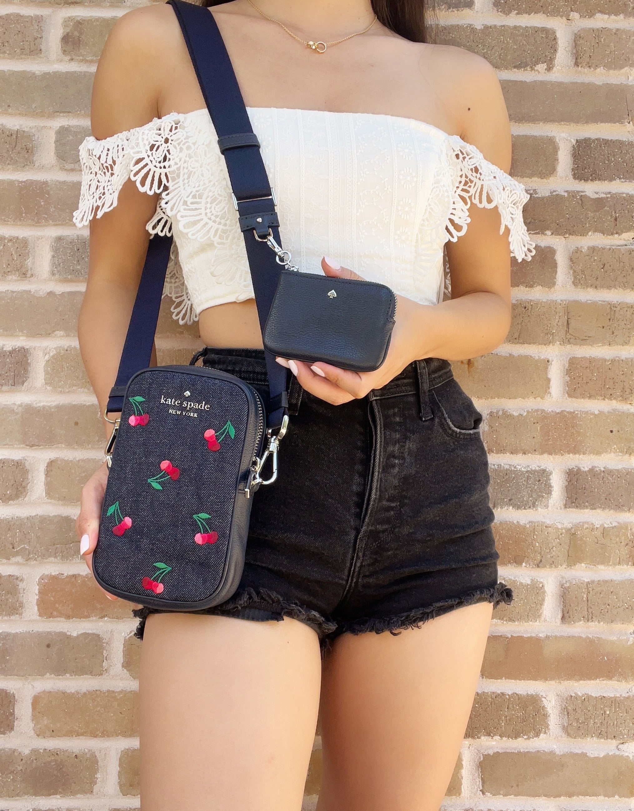 NS Kate Coin Denim Rosie Cherries Crossbody Pouch Spade Zip + Embroidered Phone