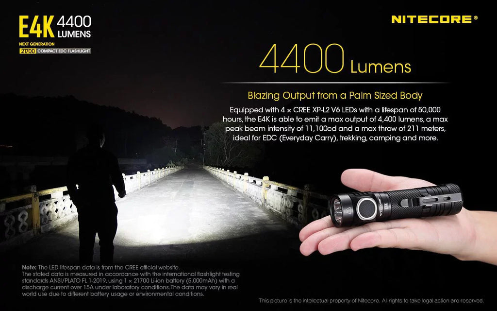 XP-L2 generation Li-ion EDC E4K 21700 - Eco-Sensa NITECORE 4400 Next 4x CREE Lumens Flashlight Battery FREE 1x and Rechargeable Compact - Battery w/ 21700 NITECORE V6 Case