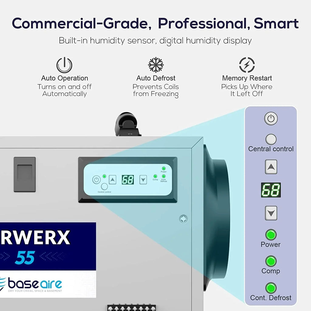 Refine Auto 113 BaseAire Spaces, Treatment Air Dehumidifier Drain Pint Starting with Defrost, Commercial Crawl Memory for Basements, Hose