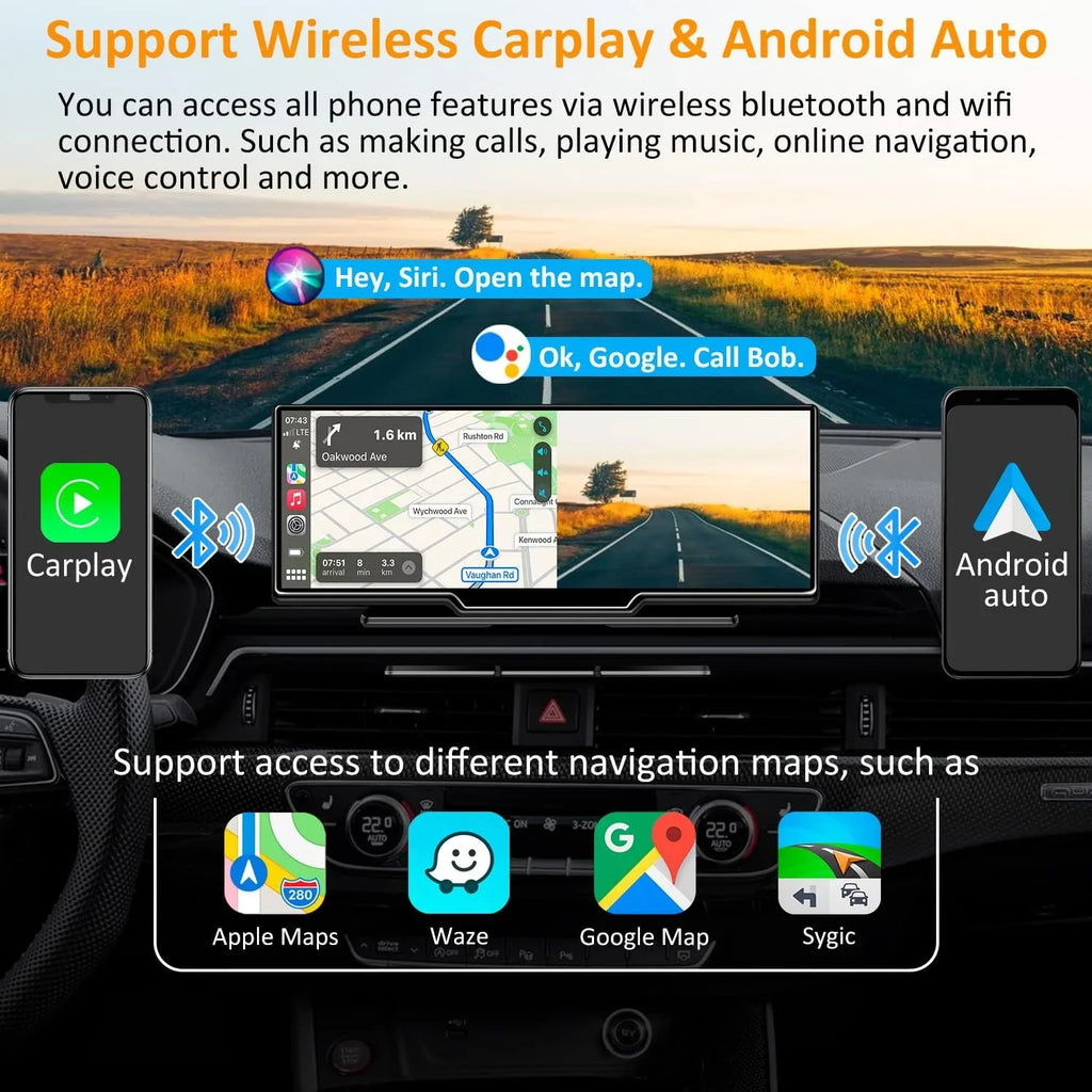 GPS Navigation Auto, - with Car HD Unit, IPS Screen, Backup 9" Bluetooth, Portable Cam Dash Camera, Stereo CAIHONG Wireless Car Loop 2.5K Receiver 1080p Recording, Head Radio Carplay Android