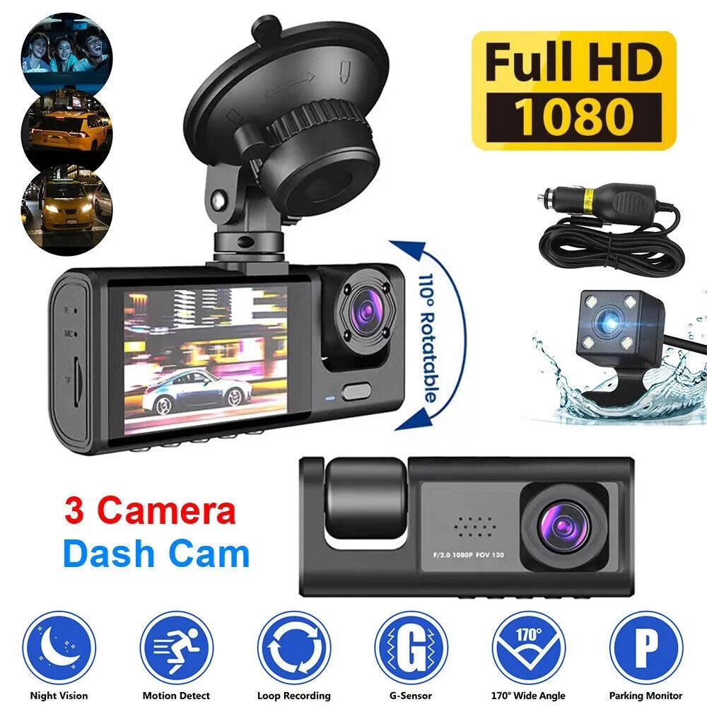 Dash HD Cam G-sensor Recorder Front/Rear/Inside Lens Kqiang Car 1080P Video Dual Camera