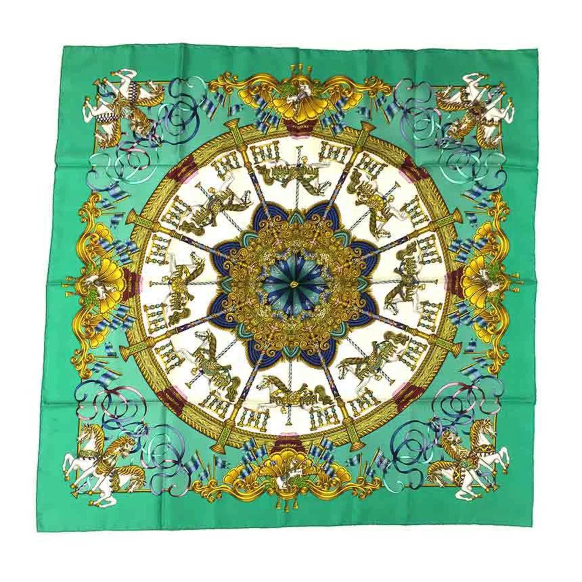 aq5159 LUNA Embroidery Amusement Silk 100% Green Scarf Muffler Park (Good) Pre-Owned Carre PARK 90 Hermes Carousel HERMES