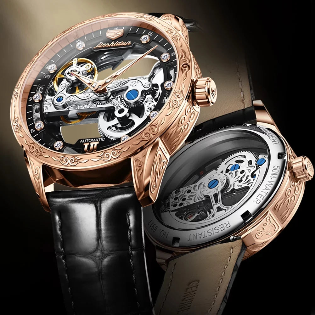 Rose Black Men's Luminous Watch Automatic Skeleton Mechanical Transparent