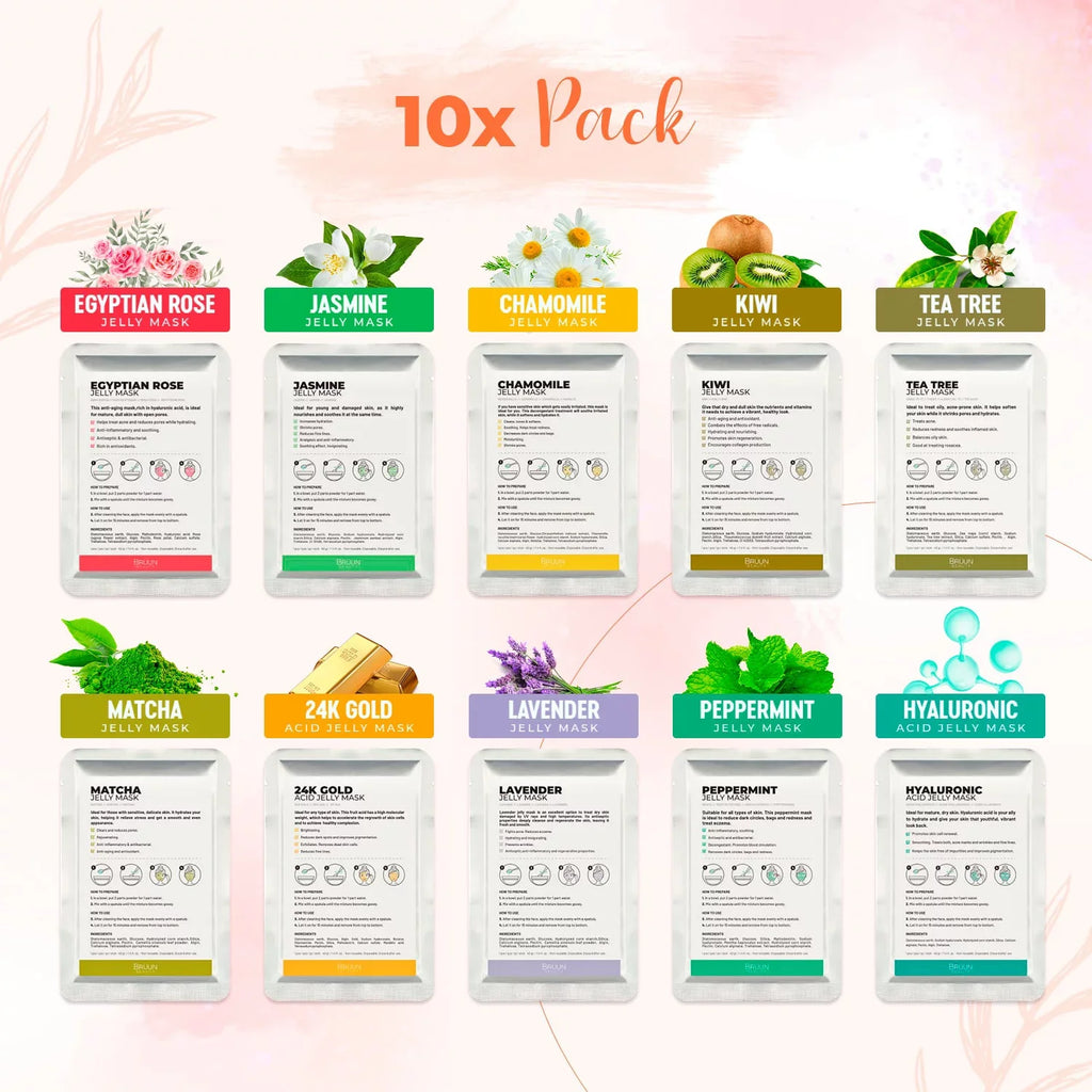 Chamomile, "Rubber Matcha, Lavender, Mask" 10 Egyptian Spa Rose, Mask Jelly Set Peppermint, Peel-Off Premium BRÜUN (24k tree, Treatments Modeling - Kiwi, Jazmine) Tea Gold,