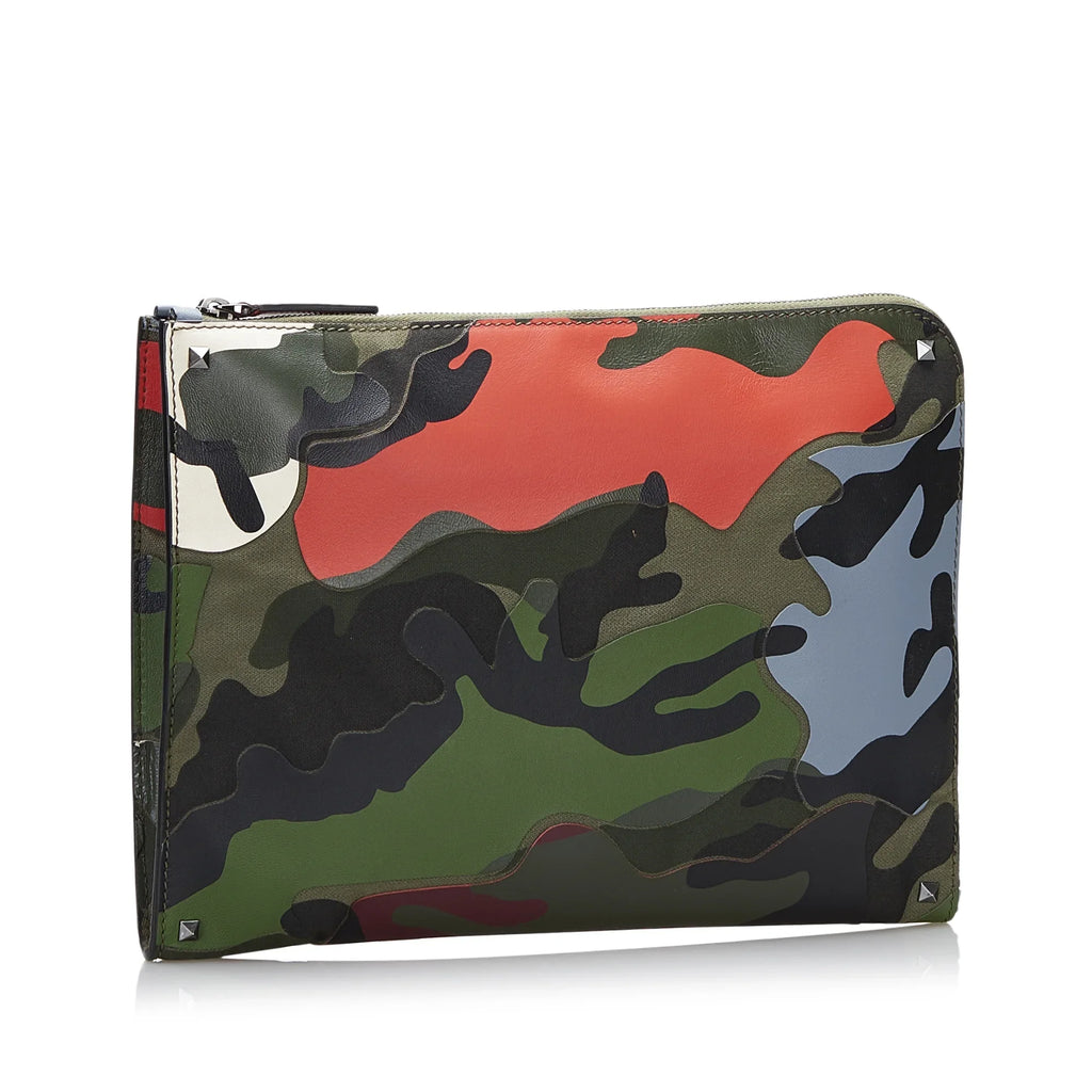 Bag Green Pre-Owned Canvas Leather (Good) Authenticated Valentino Camouflage Unisex Clutch WristletBag Fabric and