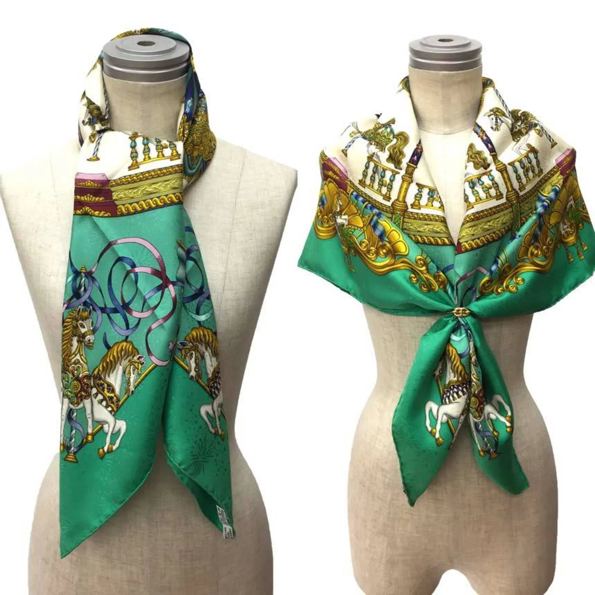 aq5159 LUNA Embroidery Amusement Silk 100% Green Scarf Muffler Park (Good) Pre-Owned Carre PARK 90 Hermes Carousel HERMES