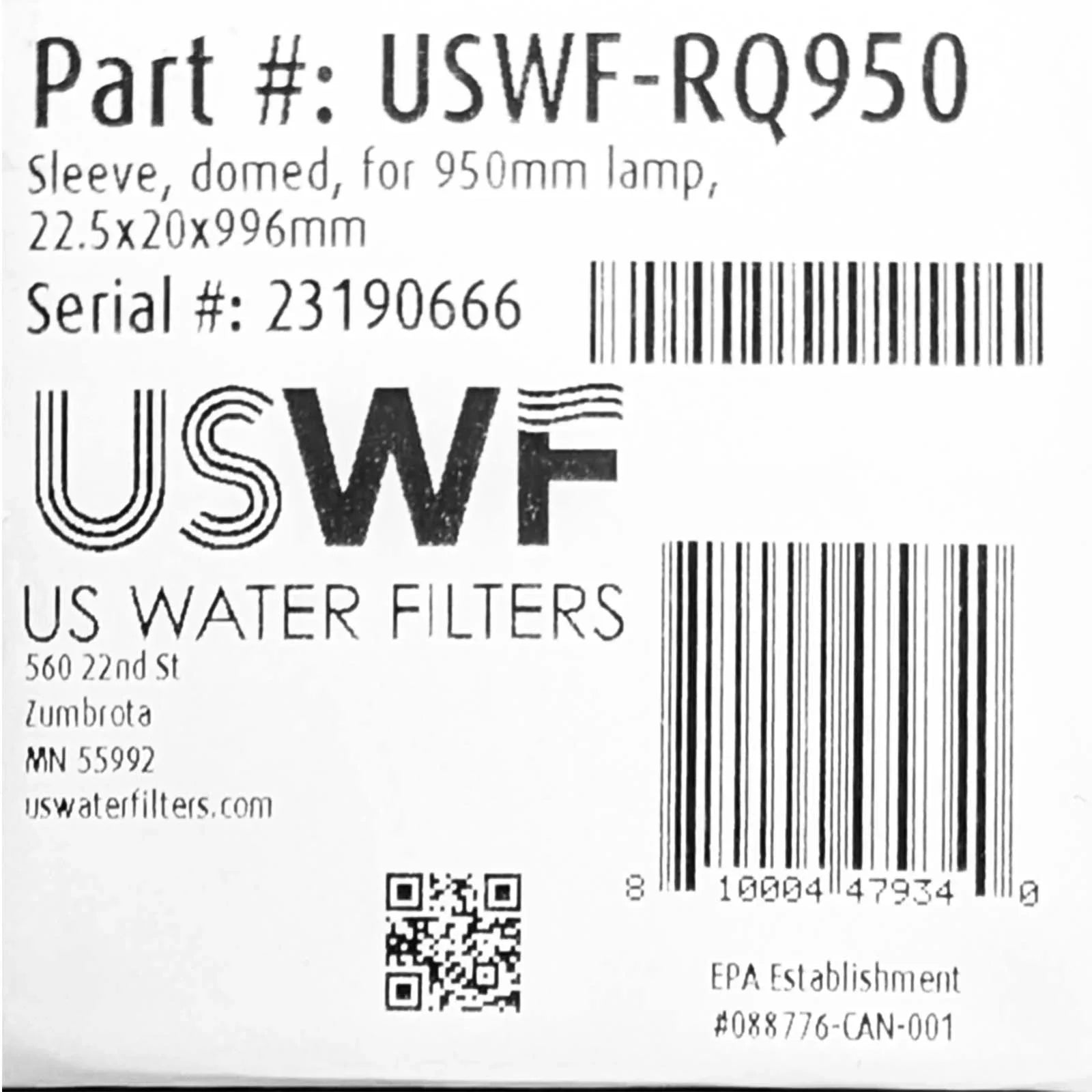 for Water Quartz Replacement Light Sleeve Ultraviolet US RQ950 Sterilizer Filters USWF H4-PL Pool