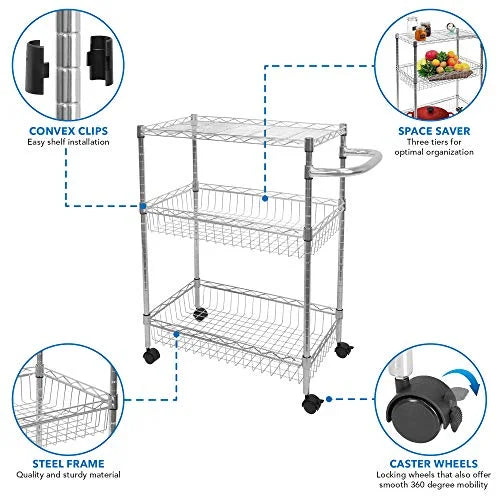 Trolley and | | Mesh Kitchen Multi-Function and | Rolling with Cart Storage Metal Organization Handle Cart Wire Silver Storage 3-Tier Heavy-Duty Wheels Mount-It! for