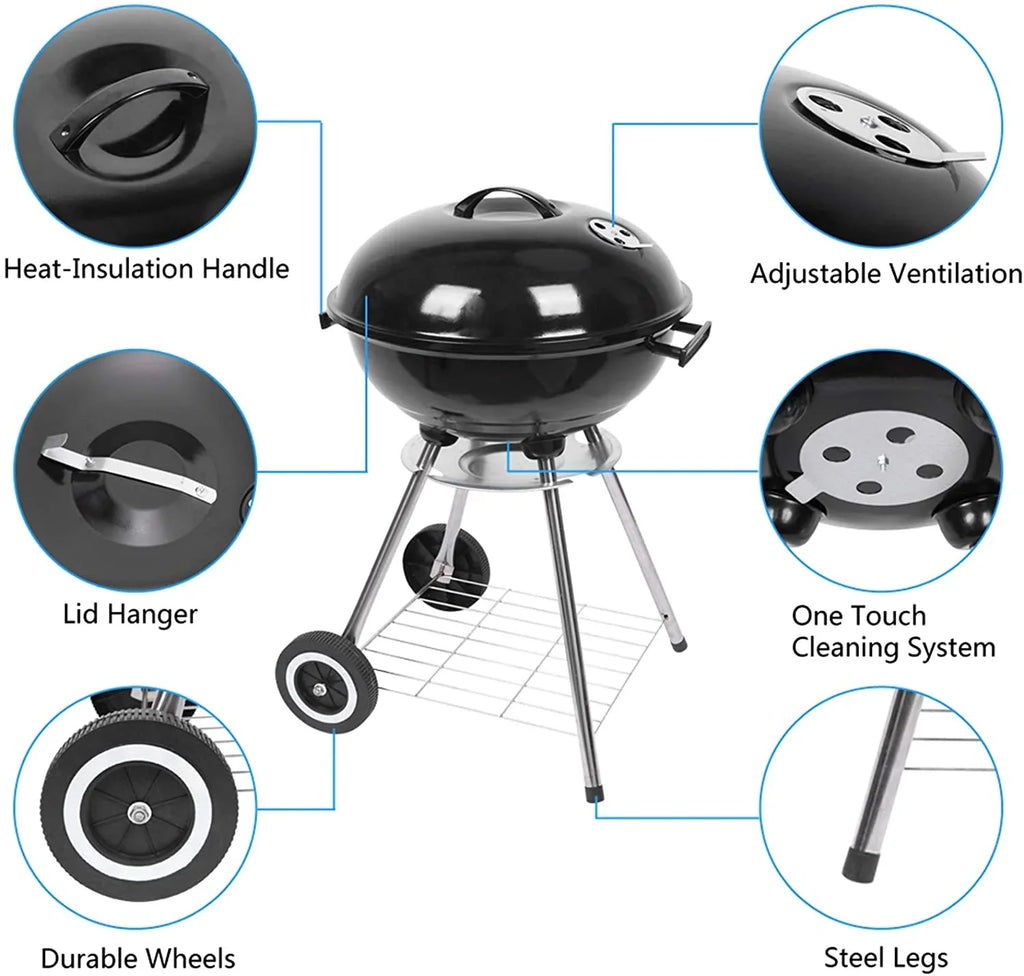 Camping, and Stainless Wheels 18 Steel Charcoal for inch Grill, with Picnic, Outdoor Holder Party, BBQ Barbecue, Activities Storage Charcoal