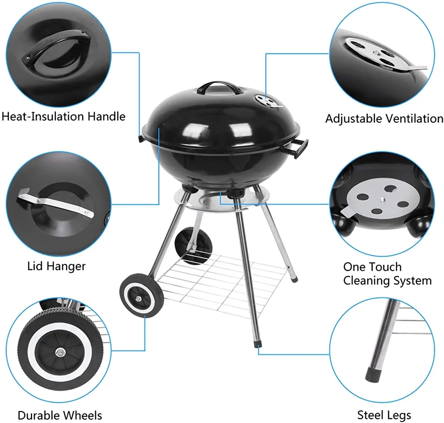 Camping, and Stainless Wheels 18 Steel Charcoal for inch Grill, with Picnic, Outdoor Holder Party, BBQ Barbecue, Activities Storage Charcoal