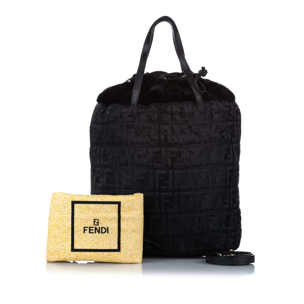 Pre-Owned Fendi (Good) Zucca Bag Fabric Women Drawstring Black Satchel Nylon Tote